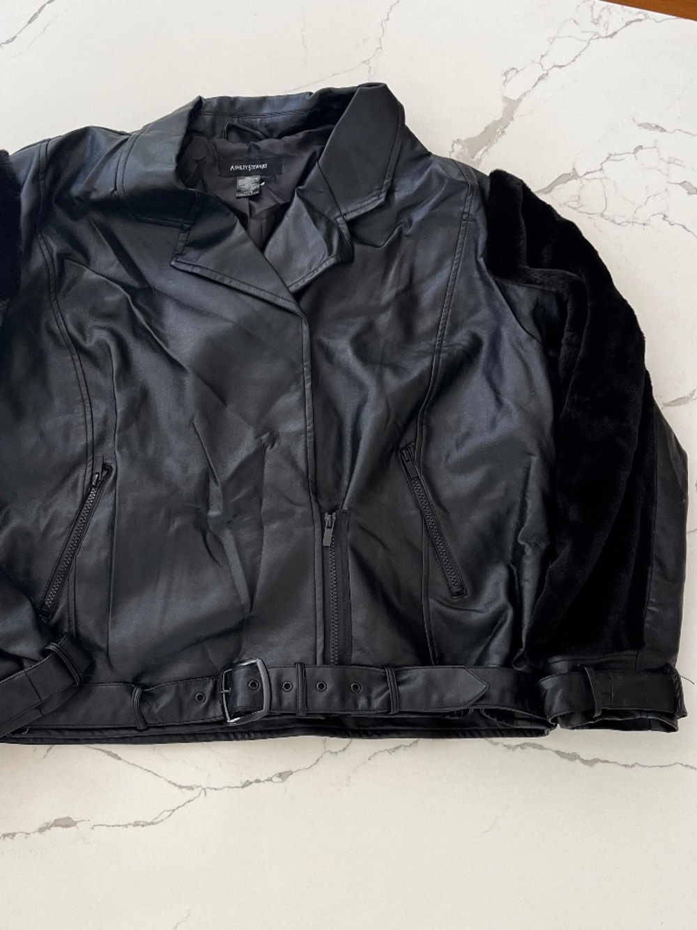 Ashley Stewart Plus Size 18 20 Black Faux Leather & Faux Fur Belted Biker Jacket
